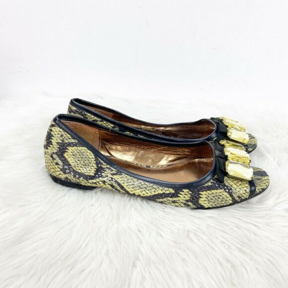 LOGO Lori Goldstein 9 M Womens Green Python Print Embellished Peep Toe Flats - Picture 2 of 10